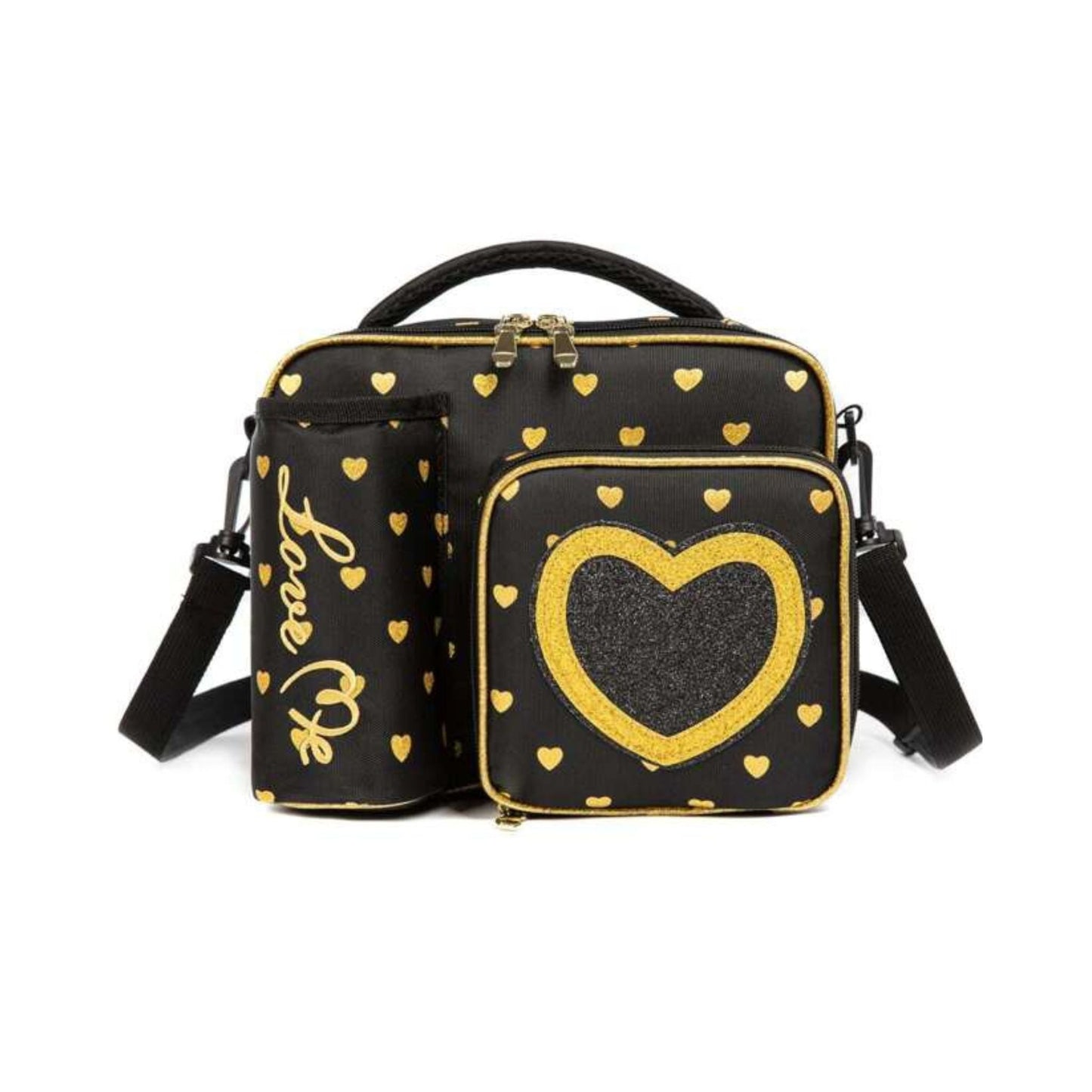 Black & Gold Heart Print Insulated Lunch Bag