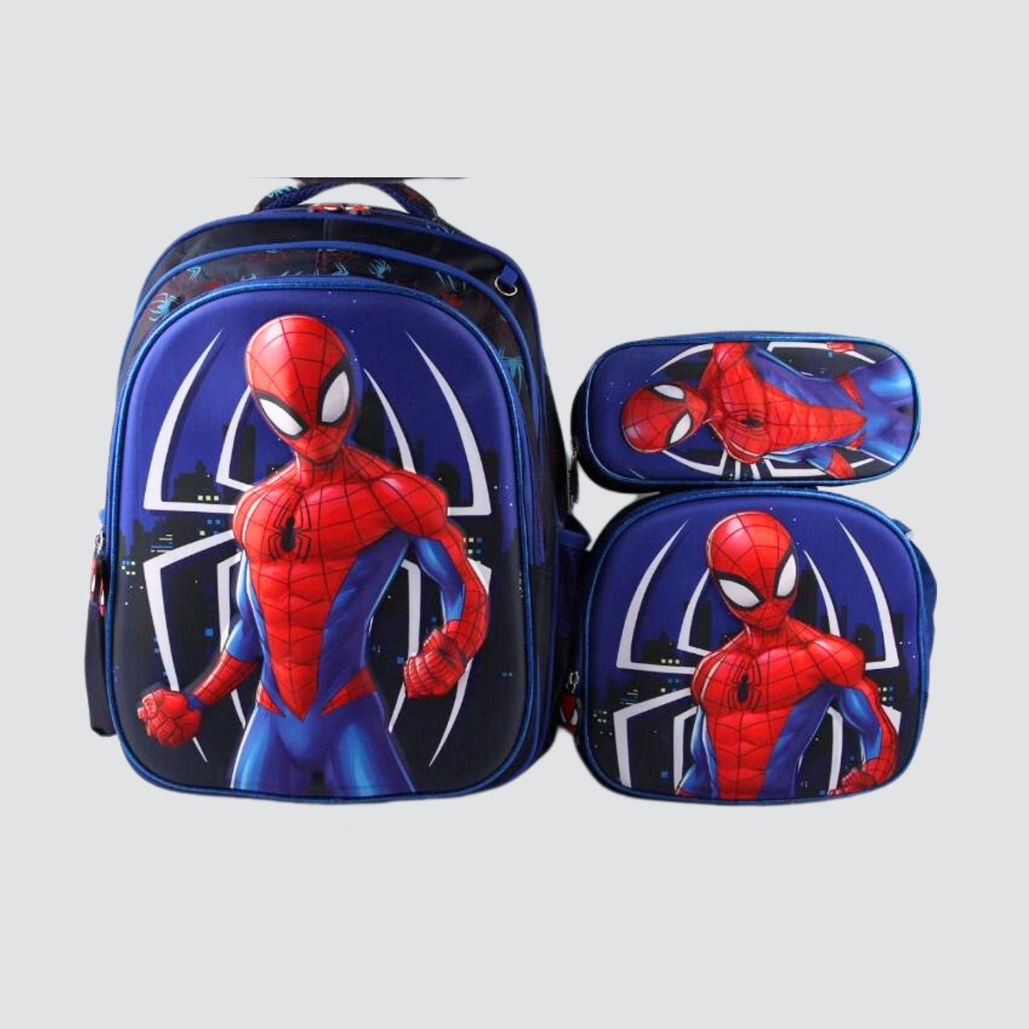 Standing spiderman with spider background , lunch bag, book bag and pencil case