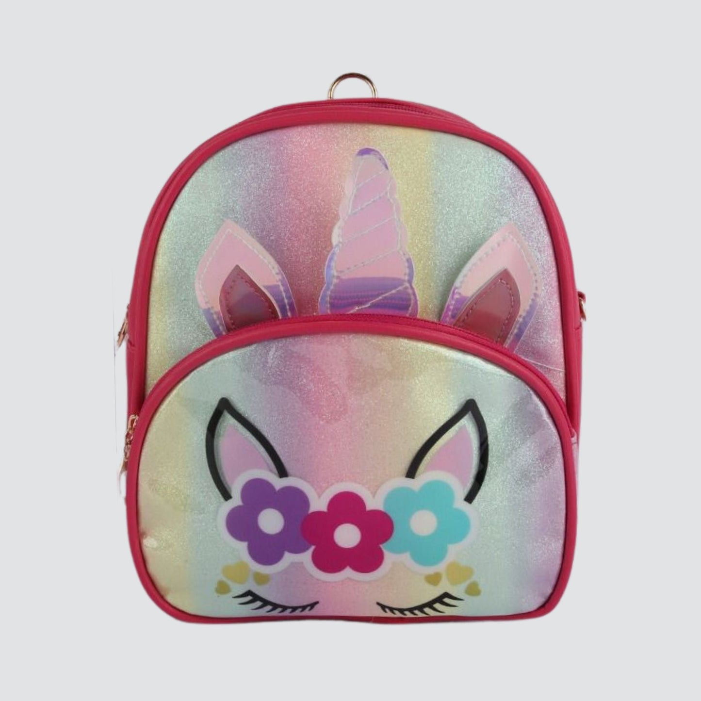 Fuchsia pink unicorn mini backpack with printed unicorn face