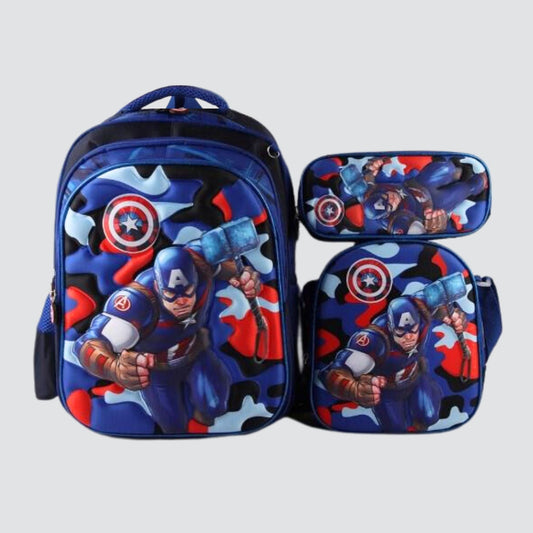 blue camo captain america camo lunch bag , pencil case and detachable trolley