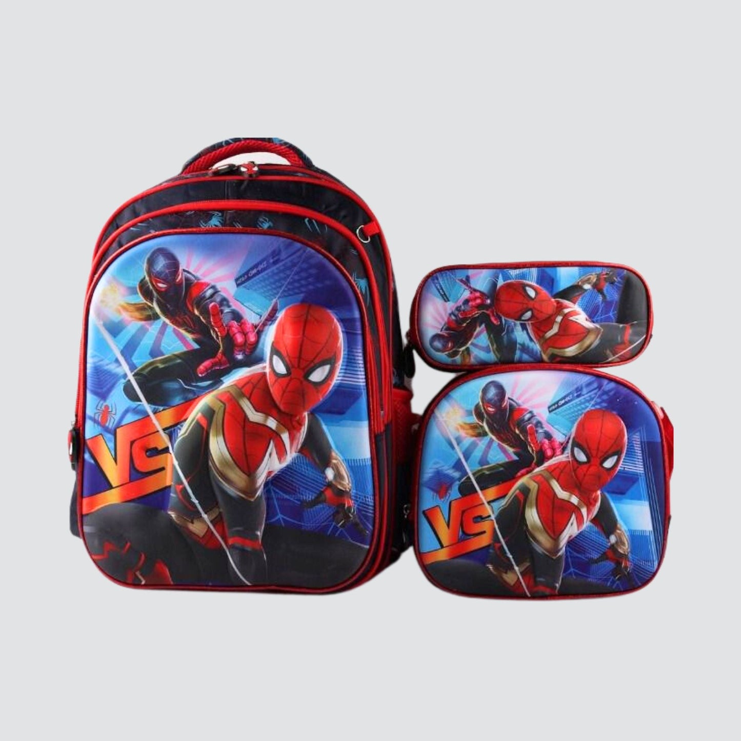 black and red Spider man character, detachable trolley set with lunch bag and pencil case