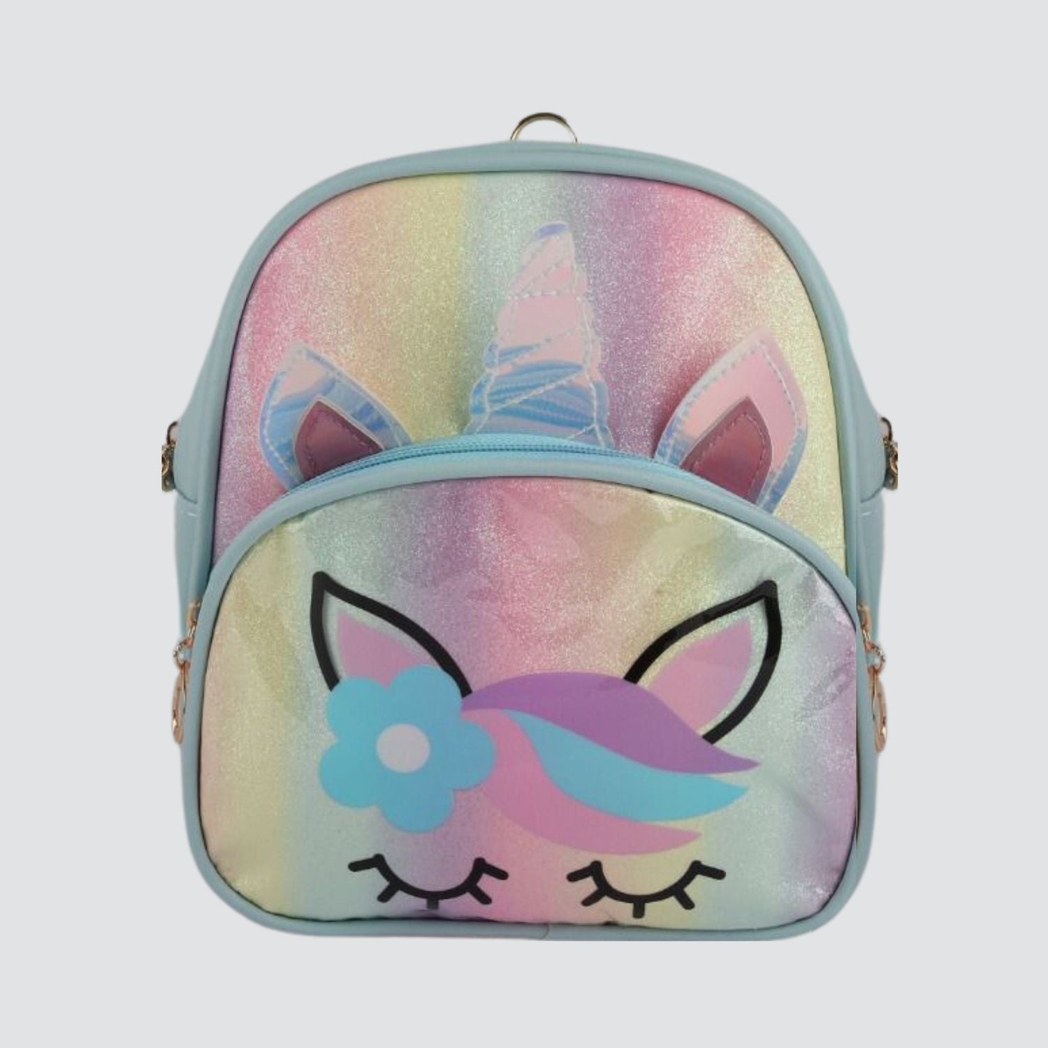 Blue Unicorn Mini Backpack With Printed Unicorn Face