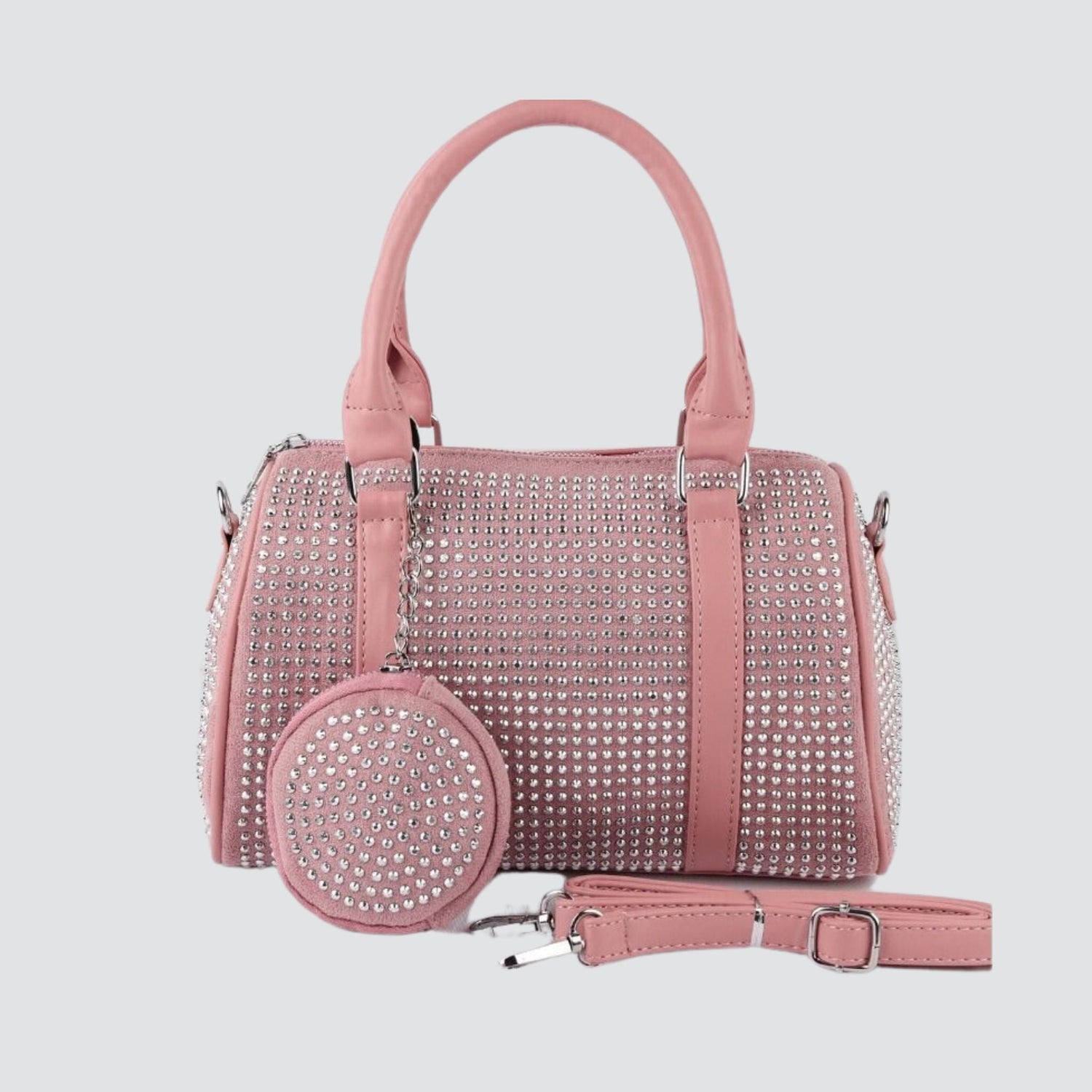 Pink Handbag and Pouch with Silver Rhinestones