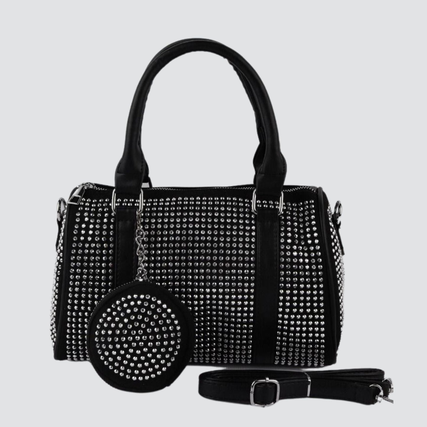 Black Handbag and Pouch with Silver Rhinestones